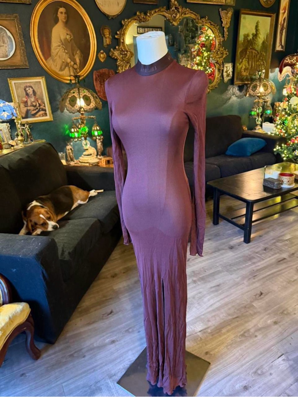 Nanushka Hebe Sheer Ribbed Maxi Dress | Berry | Size S